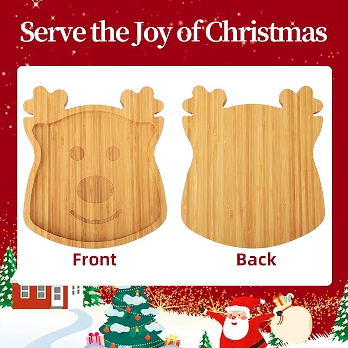 TJ POP Christmas Bamboo Serving Tray – Reindeer Shape – Wooden Holiday Platter for Snacks, Fruits & Candy – Christmas Farmhouse Table Decor