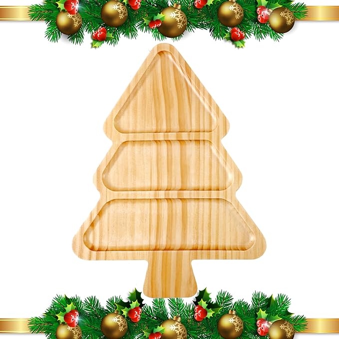 Wooden Christmas Serving Tray, Divided Charcuterie Board with 3 Compartments, Table Decorations for Christmas Party