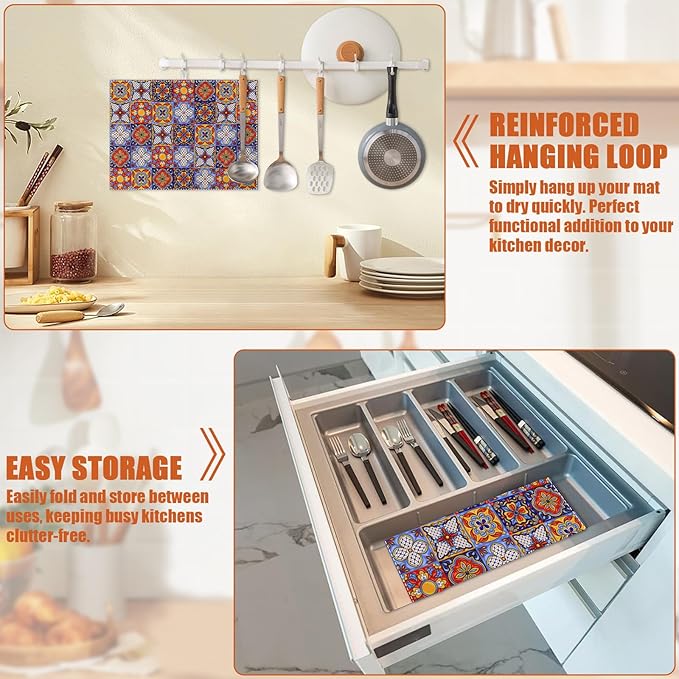 Talavera Mexican Tiles Dish Drying Mat for Kitchen Counter Microfiber Absorbent Dish Kitchen Drying Mat Draining Reusable Washable for Dishes/Utensils/Counterto