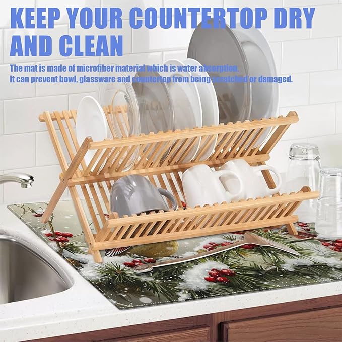 Winter Cardinal Bird Dish Drying Mat for Kitchen Counter Snow Drying Pad Absorbent Reversible Dish Drainer Rack Mats Draining Pad 18"x24"Inch