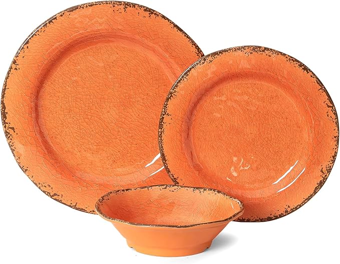 LEHAHA 12 Piece Crackle Lightweight Melamine Dinnerware Set-Service for 4, break-resistant and Durable Rustic Plates and Bowls Dishware Sets Perfect for Patio and Outdoor Activities