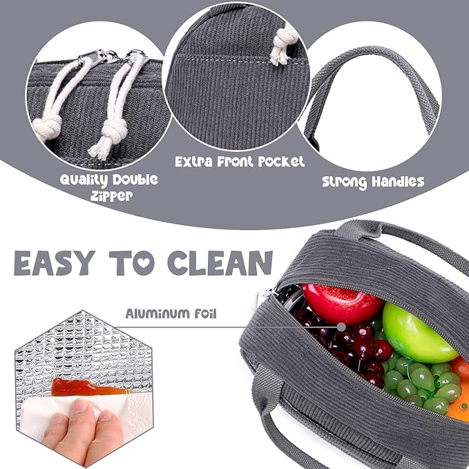 Bluboon Lunch Bag for Women Men Cute Corduroy Lunch Tote Bags Reusable Insulated Lunch Box Large Capacity Reusable Insulated Cooler for Work Picnic or Travel