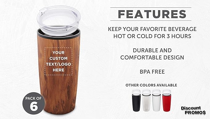 Custom Plastic Tumblers 20 oz. Set of 6, Personalized Bulk Pack - With lids, Ice Coffee Tumbler, To Go Cup, Insulated - Wood