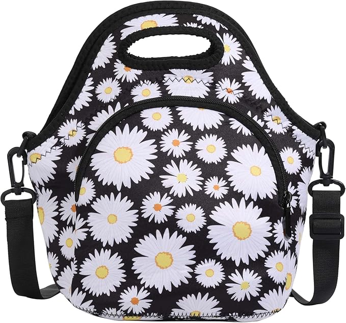CILLA Neoprene Lunch Bag for Women Insulated Lunch Tote Bags Washable Lunch Container Box Picnic Lightweight Meal Prep Bags(White daisy+)
