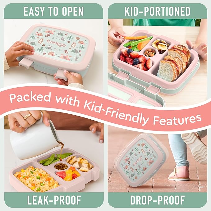 Bentgo Kids Prints Leak-Proof, 5-Compartment Bento-Style Kids Lunch Box - Ideal Portion Sizes for Ages 3-7, Durable, Drop-Proof, Dishwasher Safe, & PFAS & BPA-Free Materials (Nature Adventure)