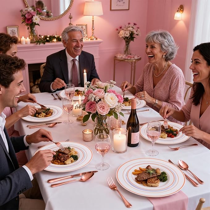 WELLIFE 450 PCS Rose Gold Disposable Dinnerware Set for 75 Guests, Mothers Day Plates, 75 Dinner & Salad Plate, Cups, Forks Knives Spoons for Wedding Reception and Valentine's Day