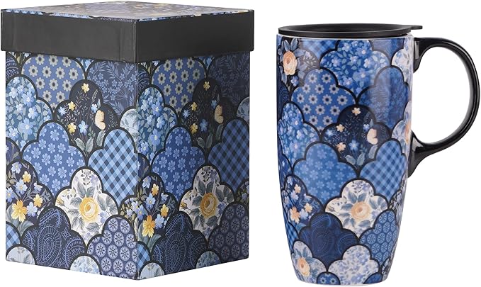 Topadorn Ceramic Mug Coffee Cup with Spill-Proof Lid Latte Mug for Home and Office with Gift Box,Blue