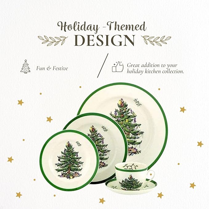 Spode Christmas Tree 5-Piece Holiday Dinnerware Set - Festive Earthenware Tableware with Plates, Teacups, Saucers - Microwave, Dishwasher Safe - Christmas Dinnerware & Holiday Tableware