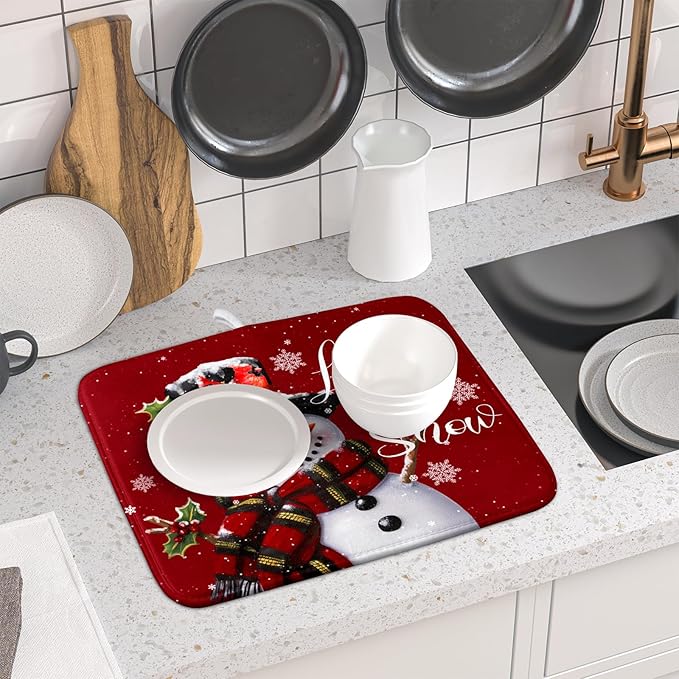 Christmas Dish Drying Mat for Kitchen Counter Snowman Let It Snow Microfiber Absorbent Dish Draining Reusable Washable Foldable 16"x18"