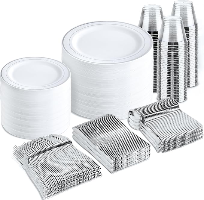 bUCLA 600pcs Silver Plastic Dinnerware Set for 100 Guests - Silver Christmas Dinnerware Set Disposable for Party - Include 100 Dinner Plates,100 Dessert Plates,100Cups,100 Knives,100 Forks,100 Spoons