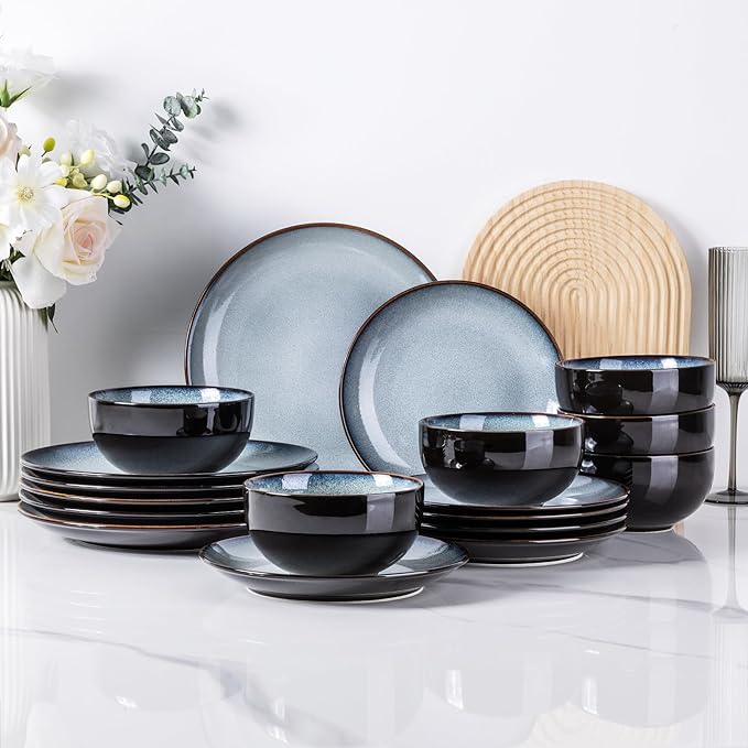 LERATIO Ceramic Dinnerware Sets for 8,Stoneware Plates and Bowls Sets,Handmade Reactive Glaze Dishes Set,Chip Resistant and Scratch Resistant | Oven&Dishwasher & Microwave Safe-Gray White (24PCS)