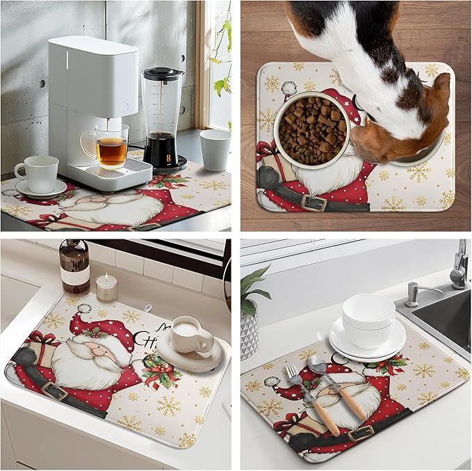 Christmas Santa Themed Dish Drying Mat Winter 18x24 Inch Large Size Drying Pad for Kitchen Counter Snowflake Dish Dry Mats Microfiber Absorbent Kitchen Decor Merry Christmas Coffee Bar Pad