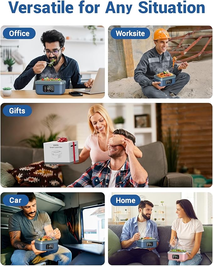 VASG Cordless Electric Lunch Box for Adults, 16000mAh Rechargeable Auto Heated Lunch Box, 1L Portable Self-Heating Food Warmer for Office, Picnic, Car & Outdoor Use