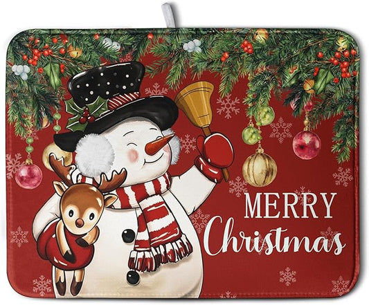 Christmas Dish Drying Mats for Kitchen Counter 18x24 Cute Snowman Red Dish Drying Pad for Dishes Winter Xmas Holiday Dish Draining Mat Absorbent Microfiber Dish Drainer Rack Mats