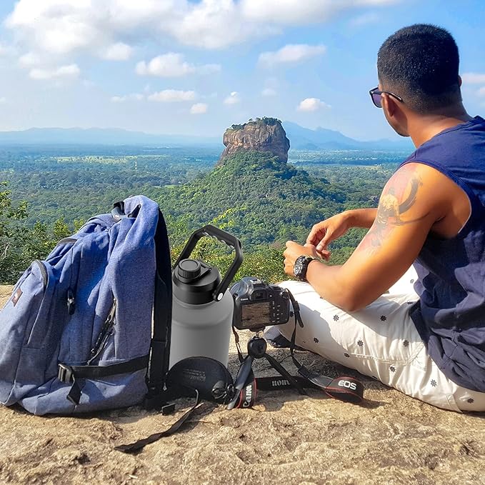 BJPKPK One Gallon(128 oz) Insulated Water Bottle, Dishwasher Safe Stainless Steel Thermo, BPA Free Jug with Ergonomic Handle & Anti-slip Bottom, Large Water Bottle, Grey