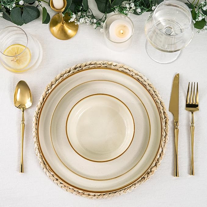 AmorArc Dinnerware Set, 12 Pieces Ceramic Plates and Bowls Sets, Stoneware Plates Set Handpainted, Dishwasher & Microwave Safe Dishes (Speckled Beige, Service for 4)