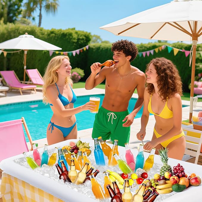 2 Packs Inflatable Ice Serving Trays, 51"x25"x4.5" Oversized PVC Inflatable Salad Serving Bars Ice Cooler with Drain Plug, Blow Up Food Drink Chilling Container for Buffet BBQ Pool Parties