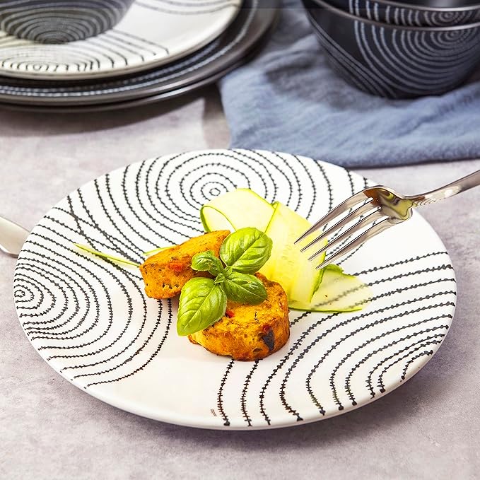 bzyoo 12 Piece Melamine Dinnerware Set - Durable, Dishwasher Safe Black Plates and Bowls - Dining, Parties, Camping Dish Set Black Planet Collection