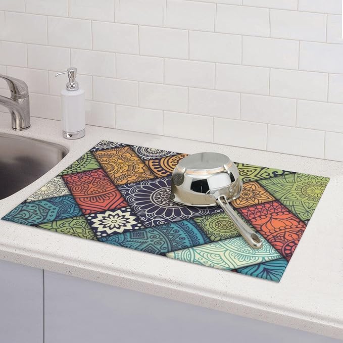 Retro Boho Dish Drying Mat 18x24 Inch, Microfiber Absorbent Fast Dry Mat Mandala Large Dish Mat Drying Kitchen Mat, Kitchen Drying Pad for Kitchen Counter Coffee Bar Decor Gifts