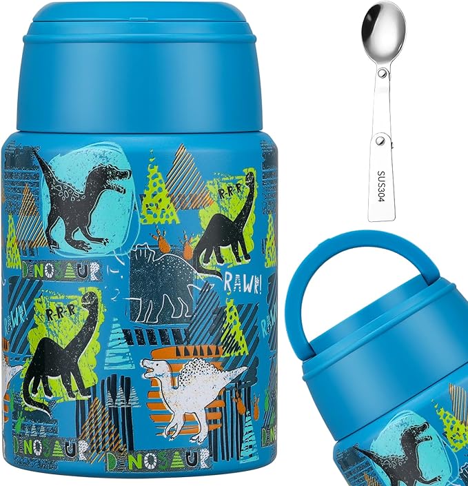 17oz Soup Thermo for Hot Food Kids Insulated Food Jar,Thermo Hot Food Lunch Container, Width Mouth Stainless Steel Lunch Box for Kids with Handle Folding Spoon(Blue - Dinosaur)