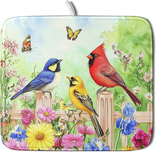 Spring Birds Dish Drying Mats 16x18 Inch,Colorful Flowers Butterfly Absorbent Microfiber Dishes Drainer Rack Mat Tableware Drying Pad for Kitchen Countertop Coffee Bar Sink Decor