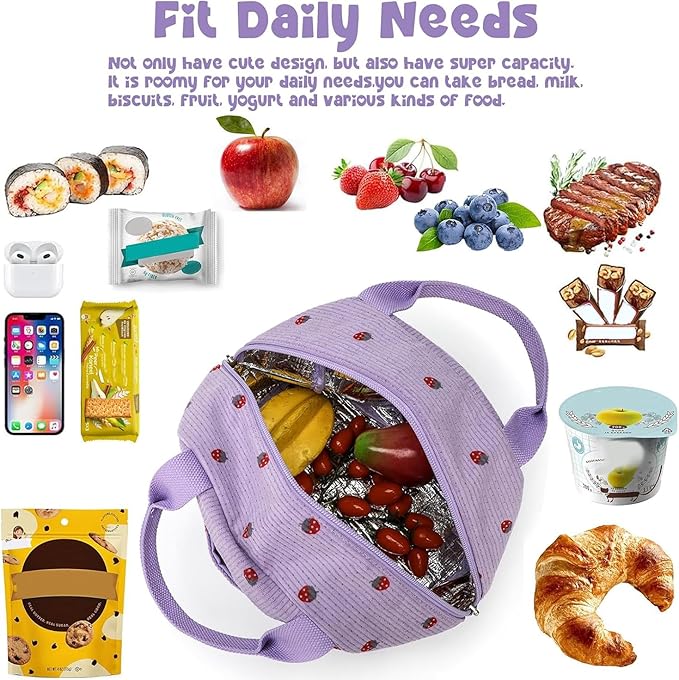 Bluboon Lunch Bag for Women Men Cute Corduroy Lunch Tote Bags Reusable Insulated Lunch Box Large Capacity Reusable Insulated Cooler for Work Picnic or Travel (Corduroy strawberry purple)