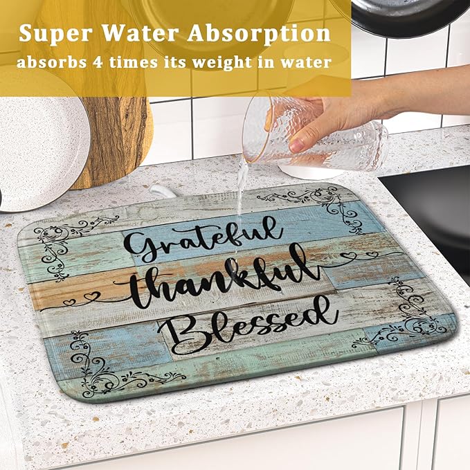 Rustic Wood Dish Drying Mat 16x18 Inch Grateful Thankful Blessed Kitchen Drainer Mats Absorbent Microfiber Rack Holder Countertop Pad