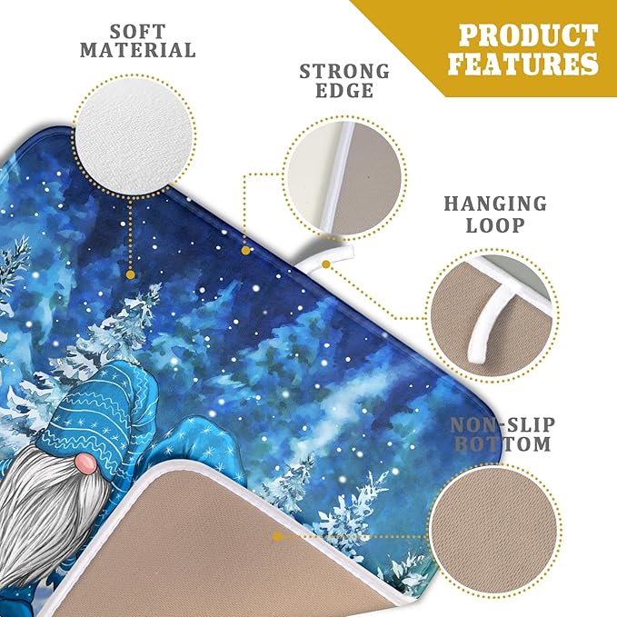 Winter Blue Gnome Dish Drying Mat for Kitchen Counter Pine Tree Microfiber Dish Pad Absorbent Reversible Fast Dry Draining Mats 16x18 Inch