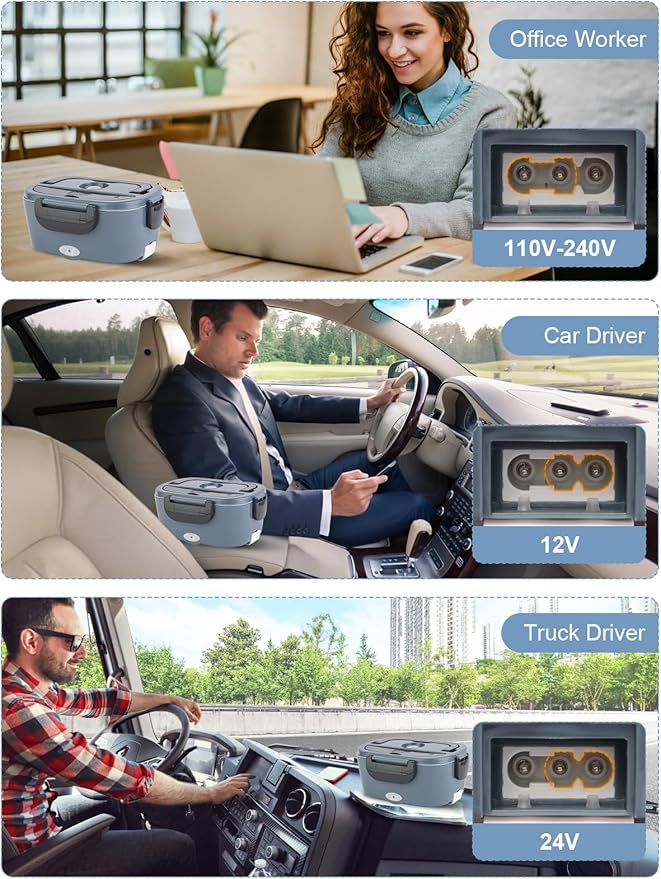 80W Electric Lunch Box with Heating Time Controller, 1.5L Portable Food Warmer for Adults/Men/Work, 12V/24V/110V Heated Lunch Box for Car/Truck with Fork & Spoon and Insulated Bag