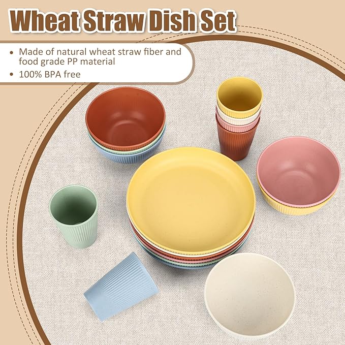 18PCS Wheat Straw Dinnerware Sets Unbreakable Reusable Dinnerware Set for 6, Microwave Dishwasher Safe Dinnerware Dinner Outdoor Camping Dishes