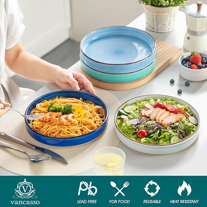 vancasso Bonita Pasta Bowls Set of 4, 32oz Shallow Bowl Plates, Dinner Bowls, Ceramic Pasta Plates, Microwave & Dishwasher Safe Serving Bowls, Bule