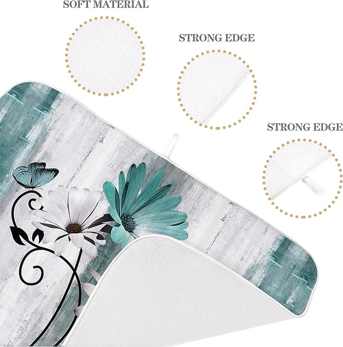 Rustic Daisy Floral Dish Drying Mats 18x24 Inches for Kitchen Counter Vintage Teal Blue Kitchen Decorations Drying Mats Seasonal Outdoor Decor Mat Drying Pad for Office Dining Room Decor