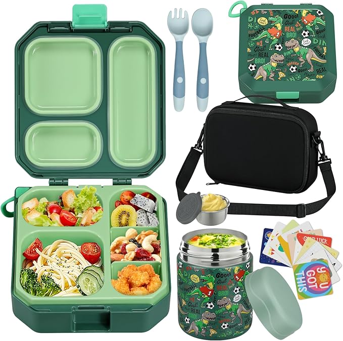 Bento Lunch Box for Kids with 12oz Soup Thermo Leak-Proof Lunch Food Container with 5 Compartment Thermo Hot Food Jar and Insulated Lunch Bag for Kid Toddler Girls Boys to School