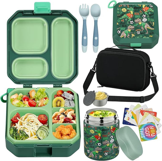 Bento Lunch Box for Kids with 12oz Soup Thermo Leak-Proof Lunch Food Container with 5 Compartment Thermo Hot Food Jar and Insulated Lunch Bag for Kid Toddler Girls Boys to School