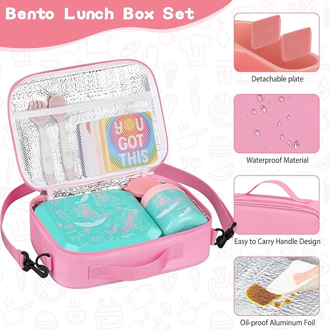 Bento Lunch Box for Kids with 12oz Soup Thermo Leak-Proof Lunch Food Container with 5 Compartment Thermo Hot Food Jar and Insulated Lunch Bag for Kid Toddler Girls Boys to School