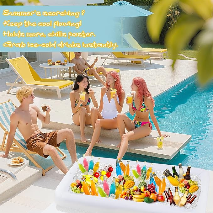 2 Packs Inflatable Ice Serving Trays, 51"x25"x4.5" Oversized PVC Inflatable Salad Serving Bars Ice Cooler with Drain Plug, Blow Up Food Drink Chilling Container for Buffet BBQ Pool Parties