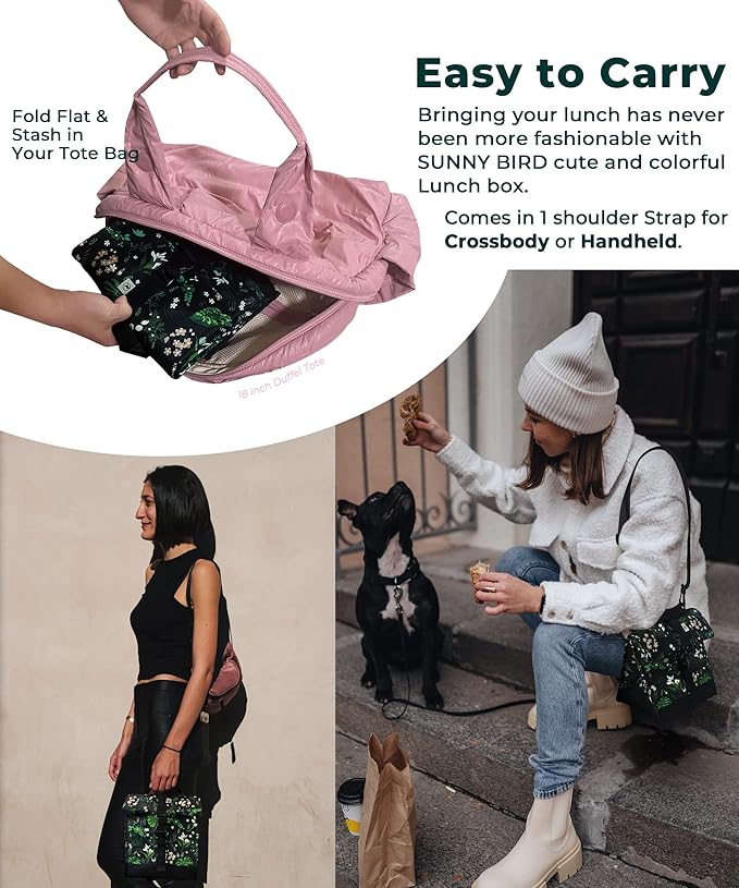 SUNNY BIRD Insulated Lunch Bag Rolltop Lunch Box Tote Bag for Women, Men, Adults and Teens (Floral & Foliage)