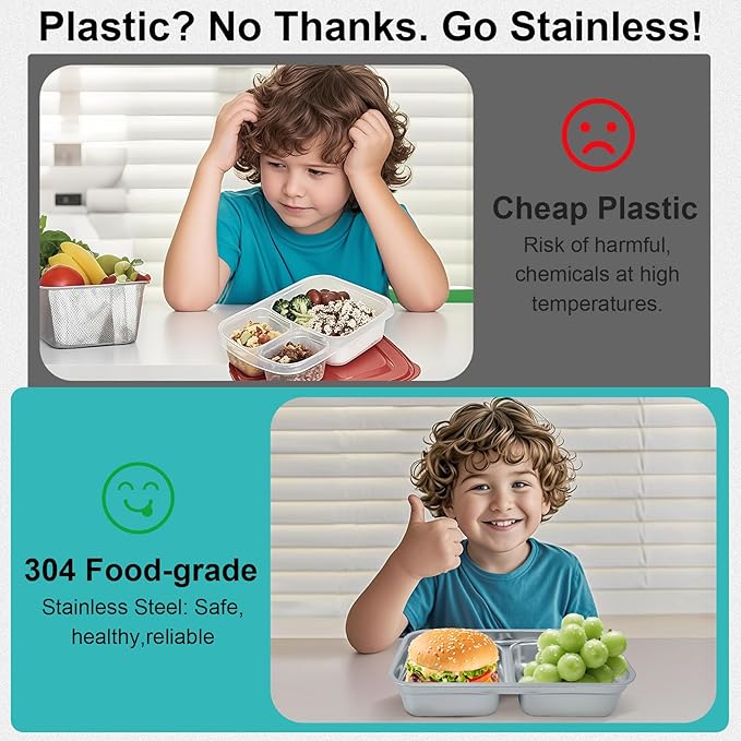 Snack Containers, 4 Pack Reusable Stainless Steel Grab and Go Snack Containers, 2 Compartment Food Storage Containers with Leakproof Lids, Bento Box for Travel, Office, Outdoor, Daily Use