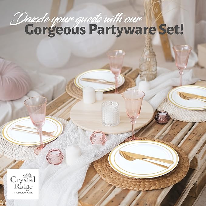 120-Piece Plastic Plates Set - Premium 60 Dinner & 60 Salad Plates, Disposable for Party - White with Gold Rim