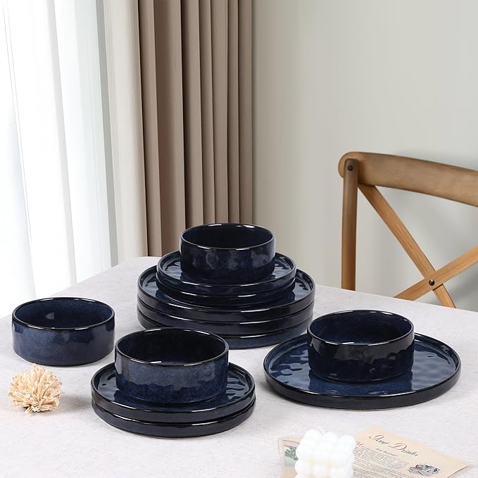 LIANYU Plates and Bowls Sets for 2, 6 Piece Dish Dinnerware Sets, Stoneware Kitchen Dinner Dishware, Microwave & Dishwasher Safe, Cetacean Blue