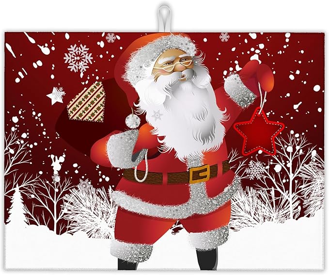 Christmas Santa Claus Dish Drying Mats 18x24 Inch,Christmas Snowflakes Dish Pad Drying Rack Mat for Kitchen Counter Ultra Absorbent Microfiber Dishware Coffee Maker Bar Countertop Decor