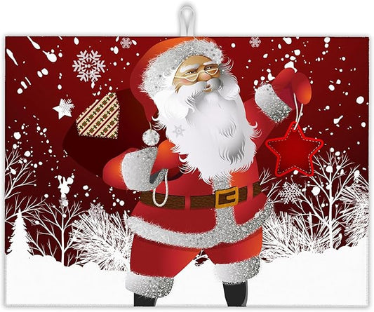 Christmas Santa Claus Dish Drying Mats 18x24 Inch,Christmas Snowflakes Dish Pad Drying Rack Mat for Kitchen Counter Ultra Absorbent Microfiber Dishware Coffee Maker Bar Countertop Decor