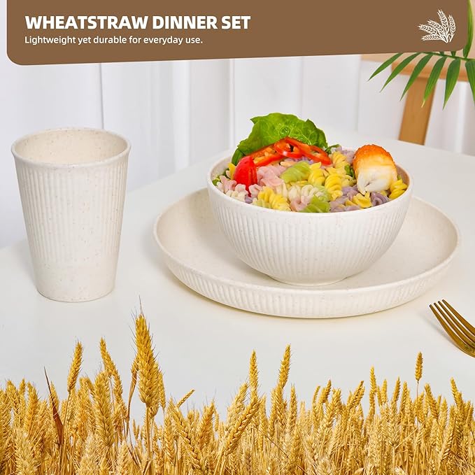 18 pcs Wheat Straw Dinnerware Sets for 6 - Lightweight & Unbreakable Cups Plates and Bowls Sets Microwave Dinnerware Set for Kitchen, Travel & Camping Beige
