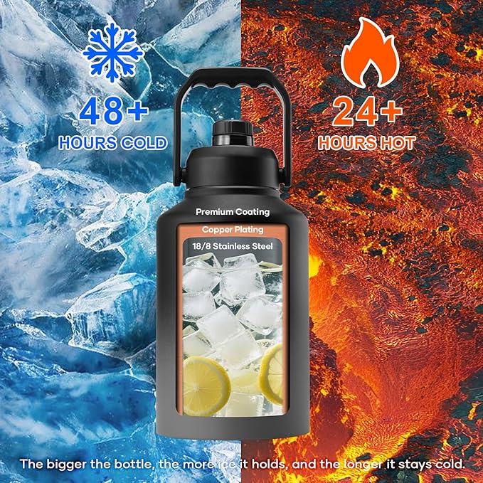 BUZIO One Gallon Water Bottle Insulated, (Cold for 48 Hrs) 128oz Water Jug Large Stainless Steel, 3.58in Big Wide Mouth Leak Proof Metal Flask with Carrying Sleeve for Camping,Gym, Travel, Black Gray