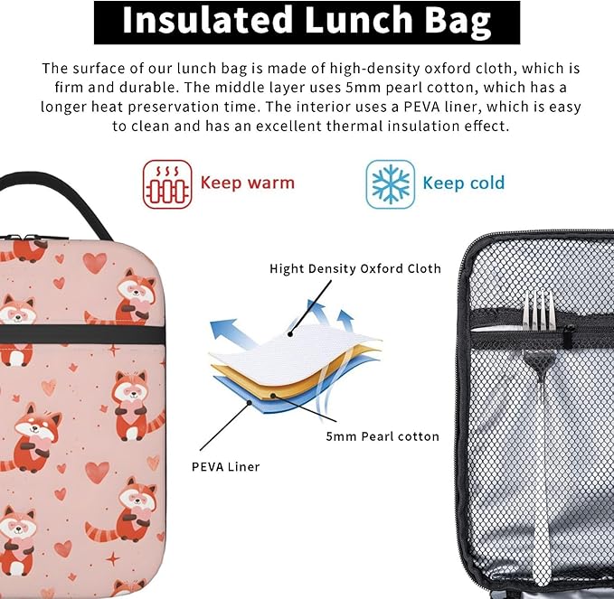 Red Panda and Hearts Lunch Box for Women Men, Insulated Lunch Box, Reusable Lunch Bag for Office, Work, Picnic, Travel