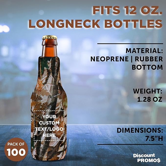 100 Neoprene Zippered Beer Bottle Coolies Pack - Customizable Text, Logo - Sharkskin Rubber Bottom - Camo3