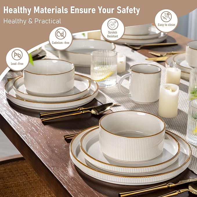 GBHOME Stoneware Dinnerware Sets for 8, Round Reactive Glaze Ceramic Plates and Bowls Set, Highly Scratch Resistant | Dishwasher & Microwave Safe Set，Service for 8（24pcs)