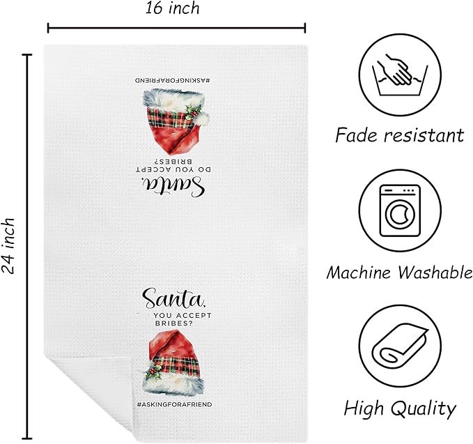 Vintage Christmas Santa Kitchen Towels, Funny Christmas Dish Tea Towels for Kitchen, Red Xmas Santa Claus Hat Decorative Hand Towel for Bathroom, 16x24 Inch