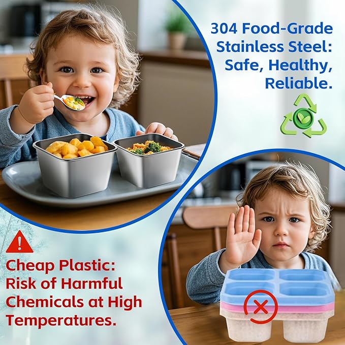 Set of 8 Snack Containers,Toddler Snack Container,Stainless Steel lunch box for Kids;Leak Proof Stackable Small Metal Food Containers with Silicone Lids
