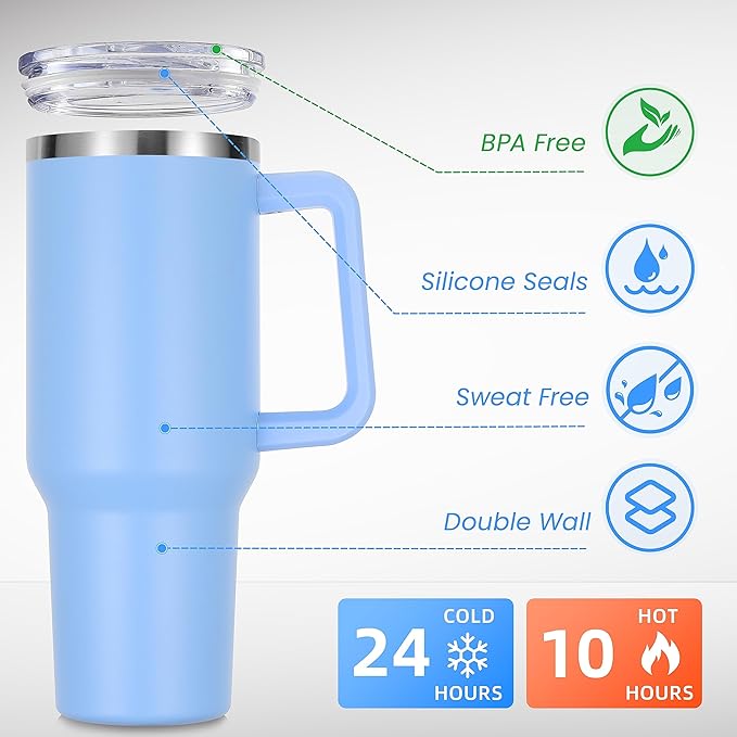 DOMICARE 40 oz Tumbler with Handle and Straw, Stainless Steel Tumbler with Lid and Straw, Reusable Vacuum Insulated Cup, Travel Coffee Mug, Blue, 1Pack